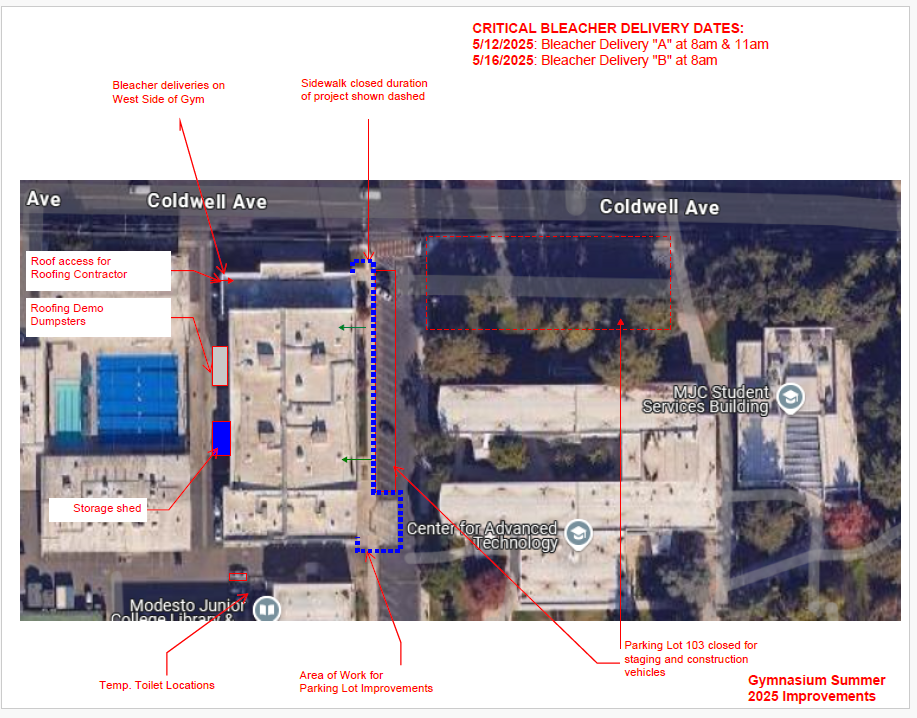 Aerial map of gym with boxes outlining areas affected by construction
