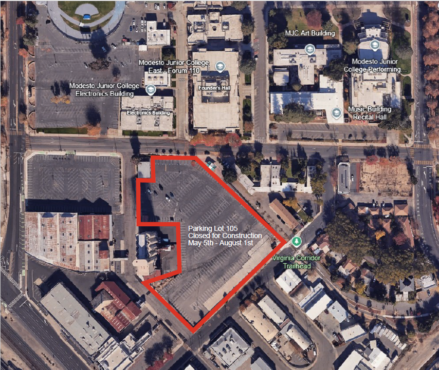 Map of construction area with parking lot 105 outlined in red