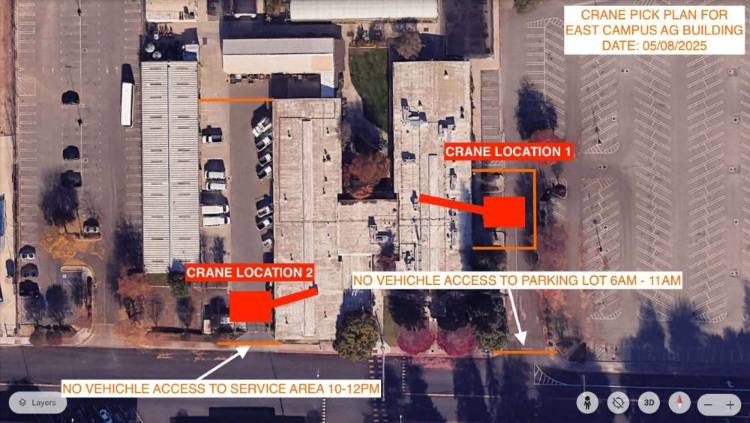 Map showing crane locations and closures for MJC East Campus Ag Construction