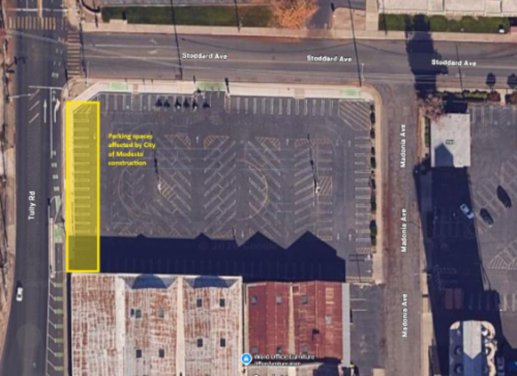 Map of MJC East parking lot 106 near Tully and Stoddard with yellow box covering all parking spaces in the first row on the west side (near Tully) showing parking spots to be blocked off during constructions