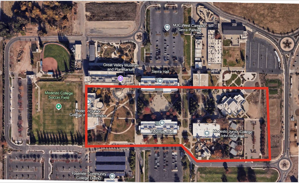 Aerial map of MJC West with a red box surrounding the central portin of campus to show where tree work will be performed.
